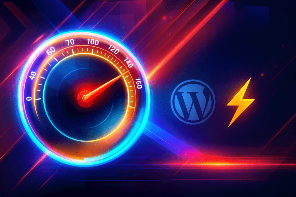 Futuristic speedometer graphic with neon colors, WordPress icon and lightning bolt symbol to represent fast LiteSpeed WordPress hosting performance