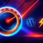 Futuristic speedometer graphic with neon colors, WordPress icon and lightning bolt symbol to represent fast LiteSpeed WordPress hosting performance
