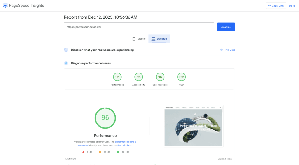 Power Connex Speed Google Desktop Test