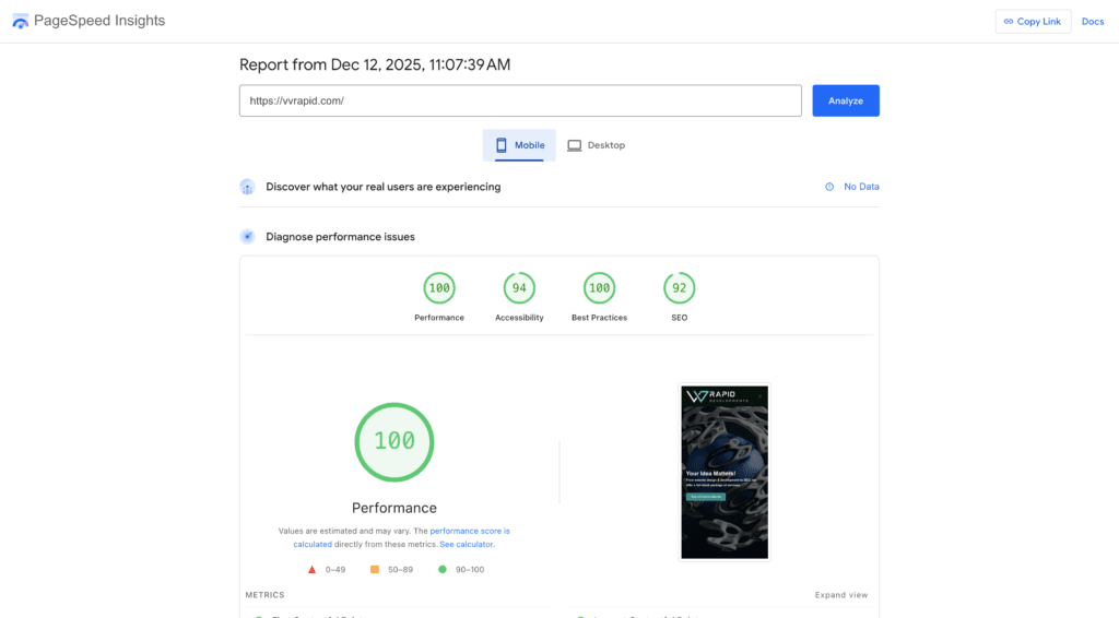VV Rapids Google PageSpeeds Test