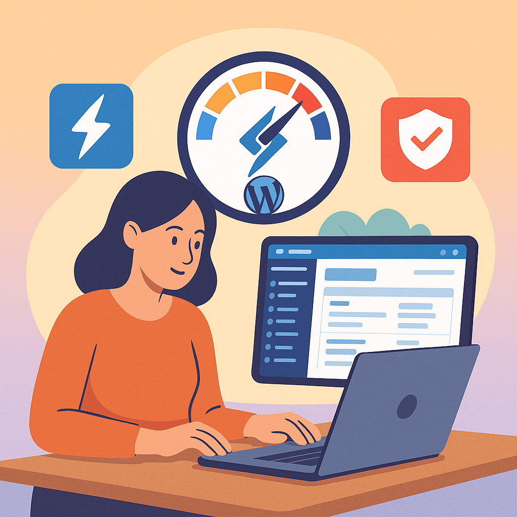 Illustration of a site owner using LiteSpeed WordPress hosting with icons for speed and security to show improved performance.