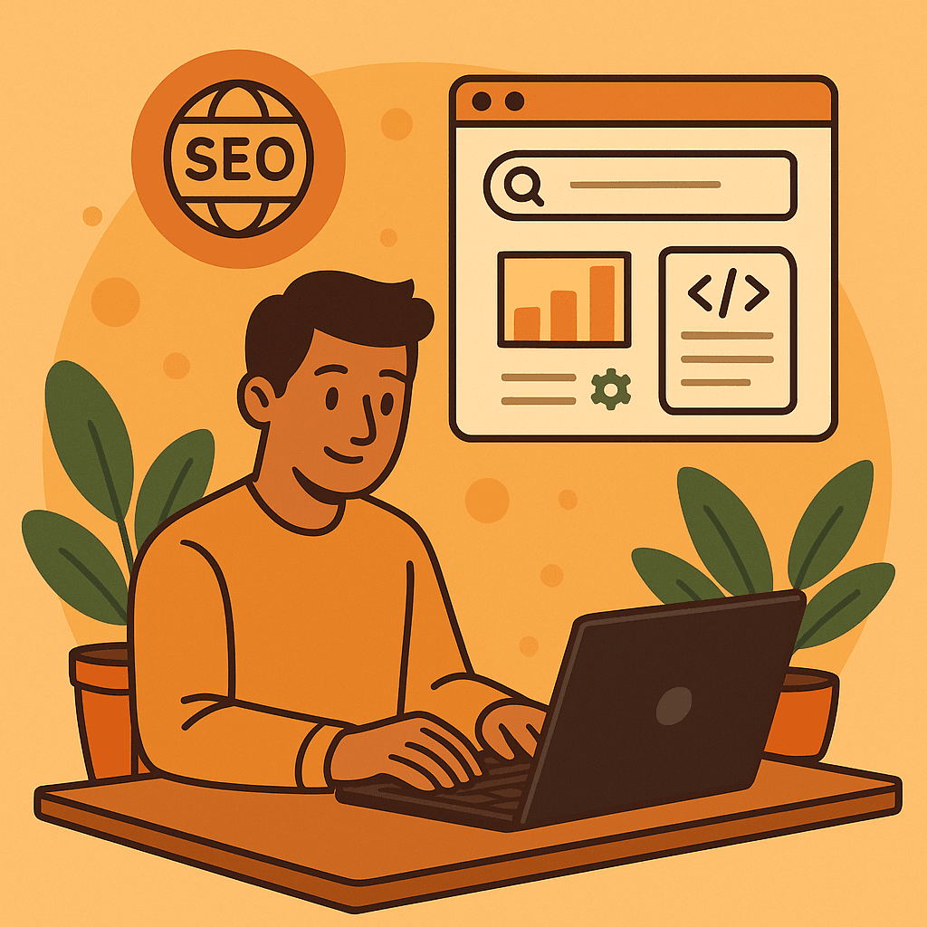 Person creating an SEO-rich blog post in 2026 on a laptop with search and content elements.