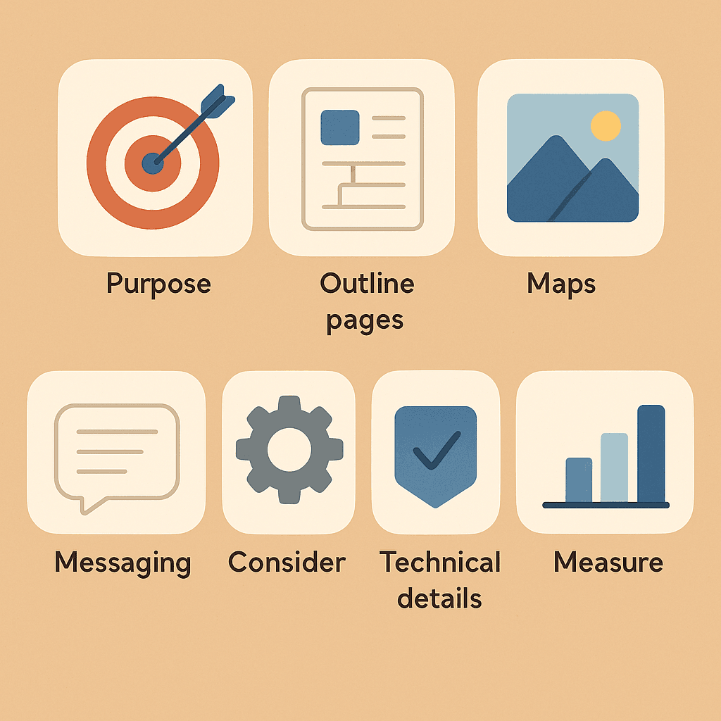 Illustration of the 7 steps of website content planning shown as simple icons