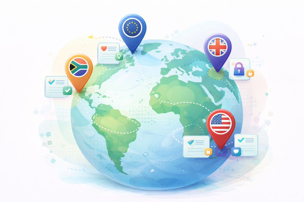 App design & development checklist – privacy policies by user location (POPIA, GDPR, UK GDPR, US)