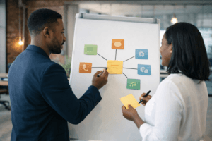 Product and service explainer writing planning on a laptop