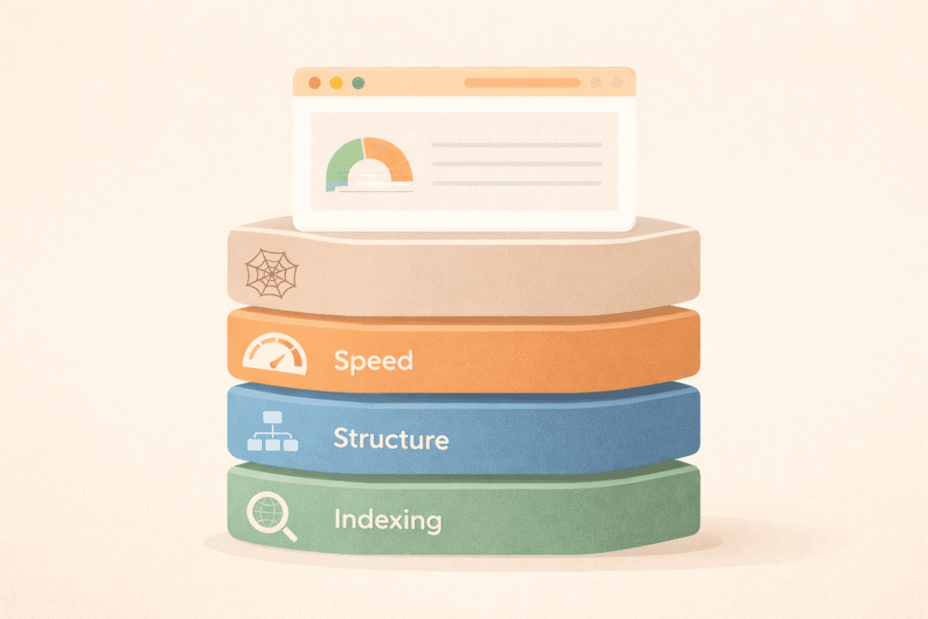 Technical SEO foundations illustrated as website foundation layers