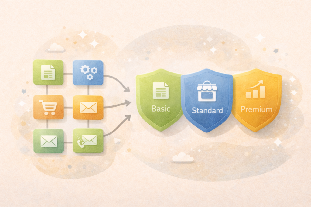 Website design and development packages decision flow using icons