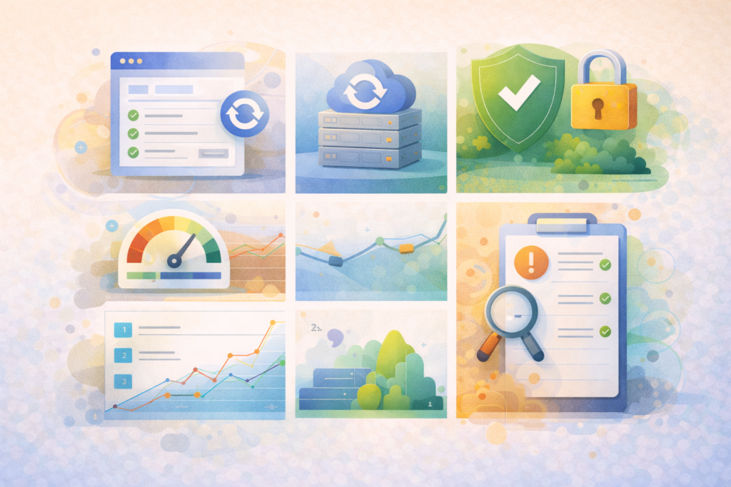 Website maintenance report sections for updates backups security uptime performance