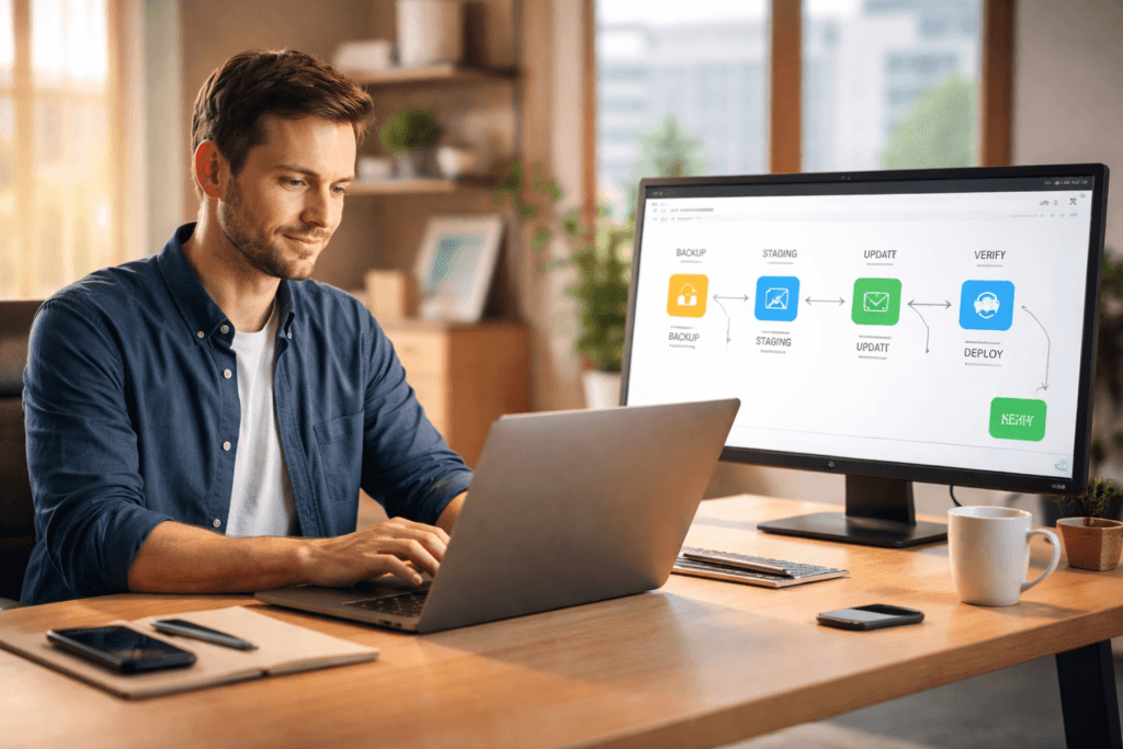 Website maintenance updates workflow using staging and rollback