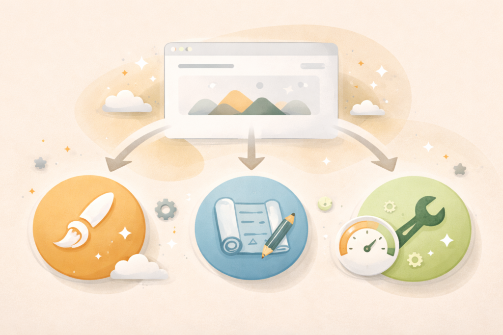 Website redesign checklist decision flow illustration for redesign rebuild or optimise