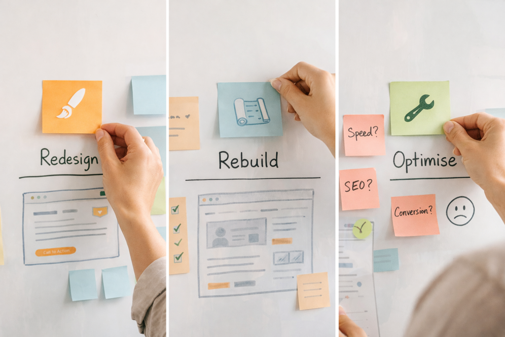 Website redesign checklist planning session for a redesign vs rebuild decision