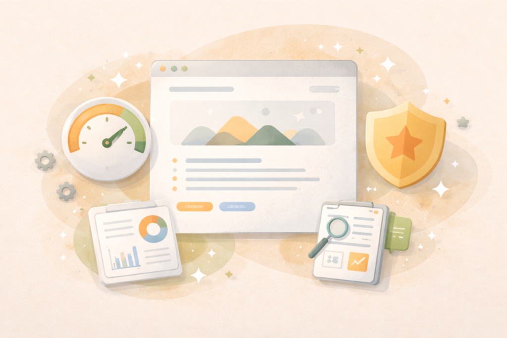 Website redesign checklist showing speed trust and tracking signals