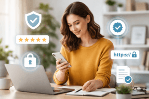 Website trust signals – reviewing a credible homepage on laptop and mobile