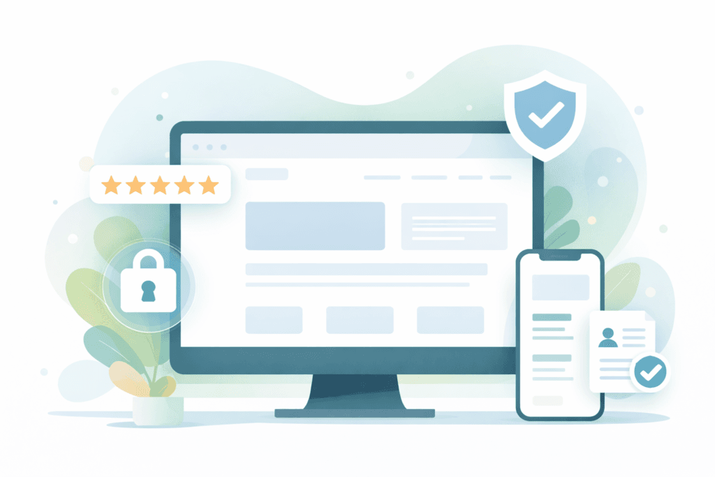 Website trust signals – homepage wireframe with credibility icons
