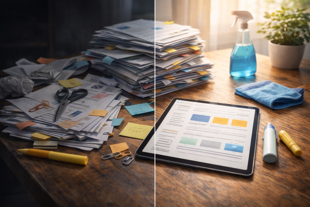 Content refresh SEO workspace with checklist and laptop
