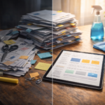 Content refresh SEO workspace with checklist and laptop