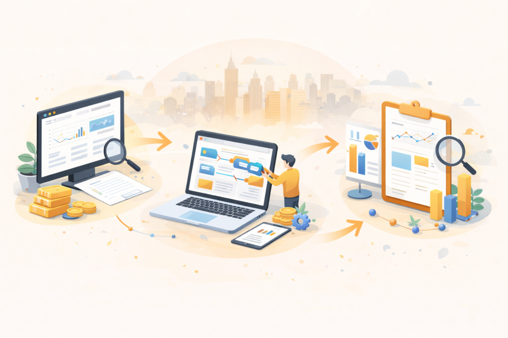 Internal linking for SEO three step workflow illustration