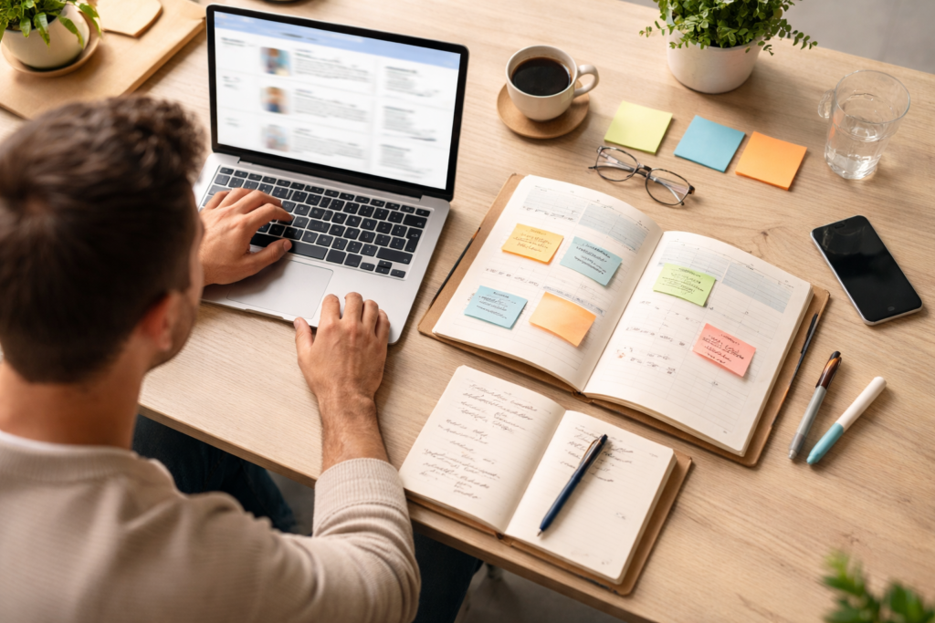 LinkedIn content strategy for B2B small business planning on a laptop