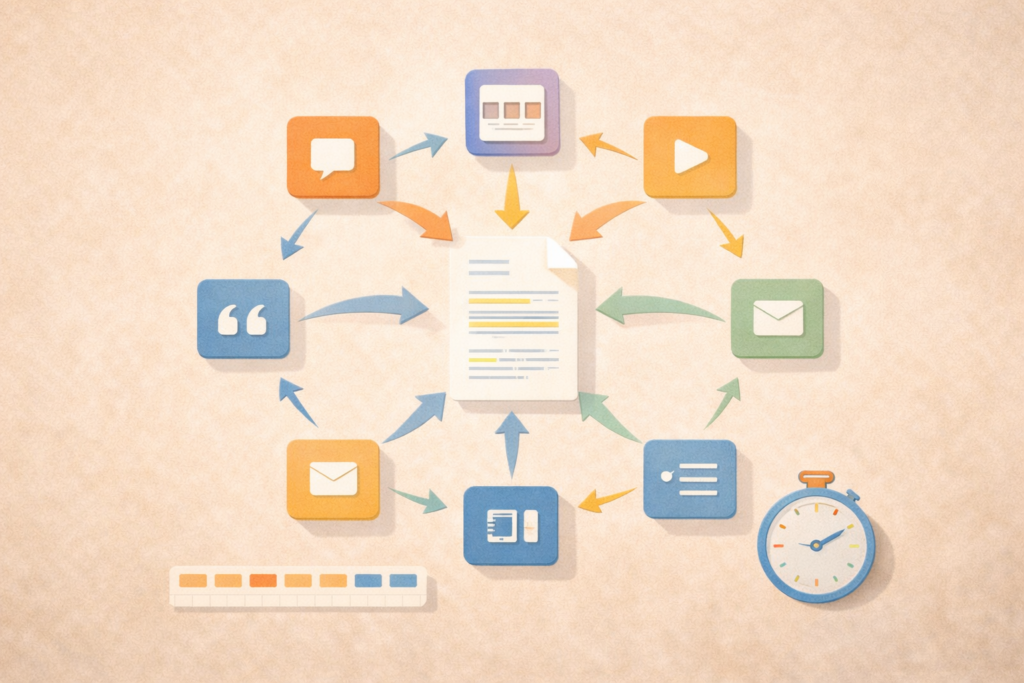 Repurpose blog content for social media turning one article into multiple posts illustration