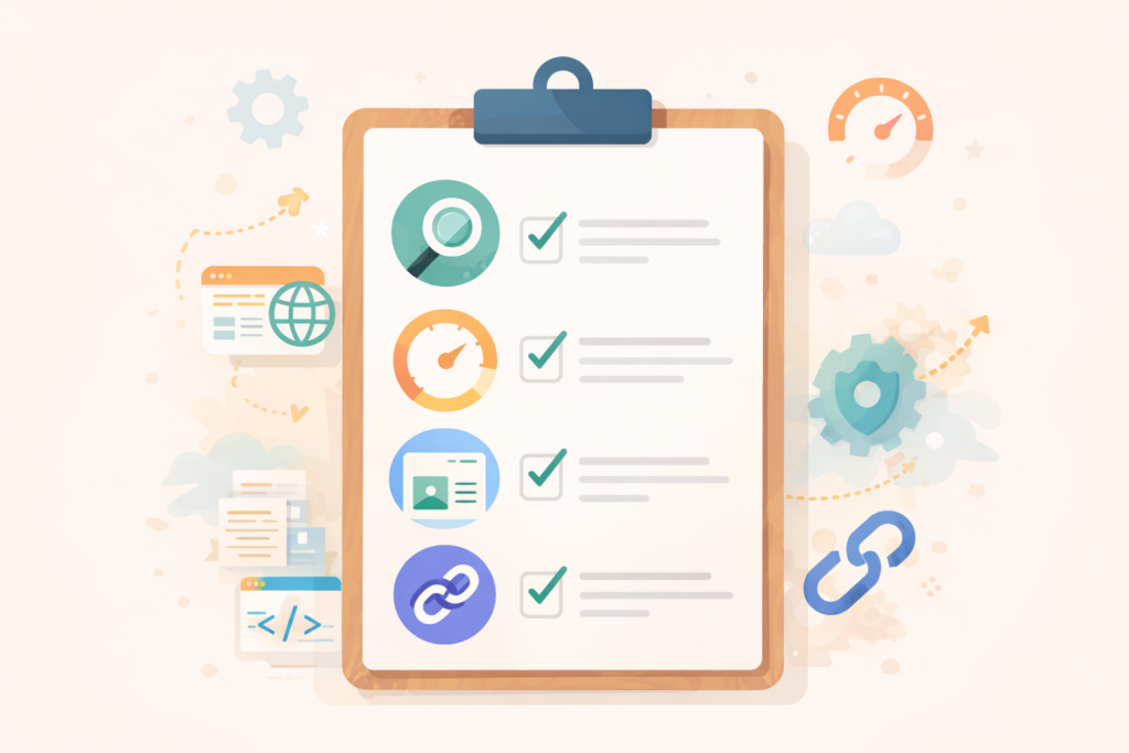 SEO audit checklist sections for indexing, speed, content, and internal links