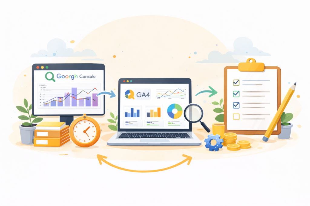 SEO reporting for small businesses 30-minute monthly workflow illustration