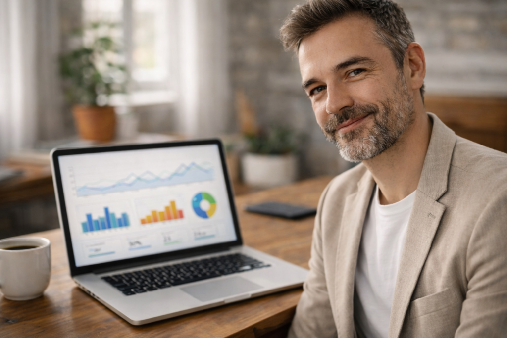 SEO reporting for small businesses dashboard review on laptop