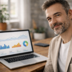 SEO reporting for small businesses dashboard review on laptop