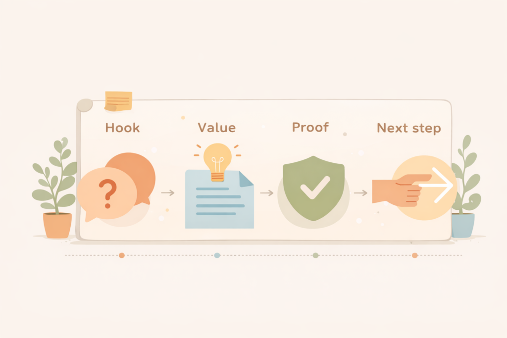 Social media captions for small business framework illustrated as four steps