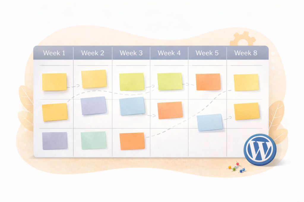 WordPress website build timeline shown as an eight-week calendar flow