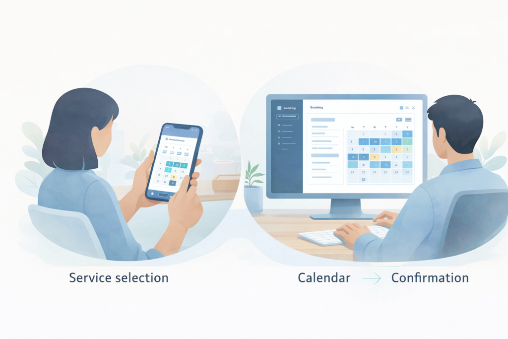 Illustration of a booking app for small business with customer and admin views