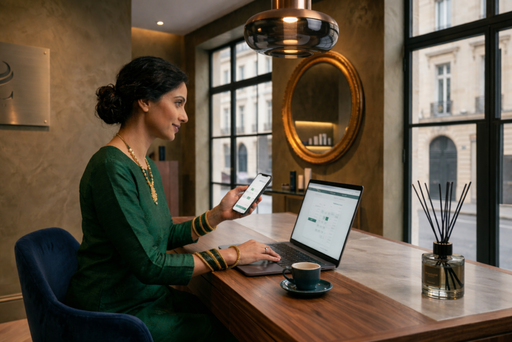 Booking app for small business shown during appointment scheduling on laptop and phone