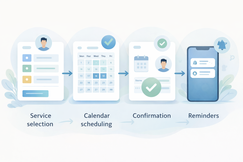 llustration of a booking app workflow for small business with scheduling and confirmation