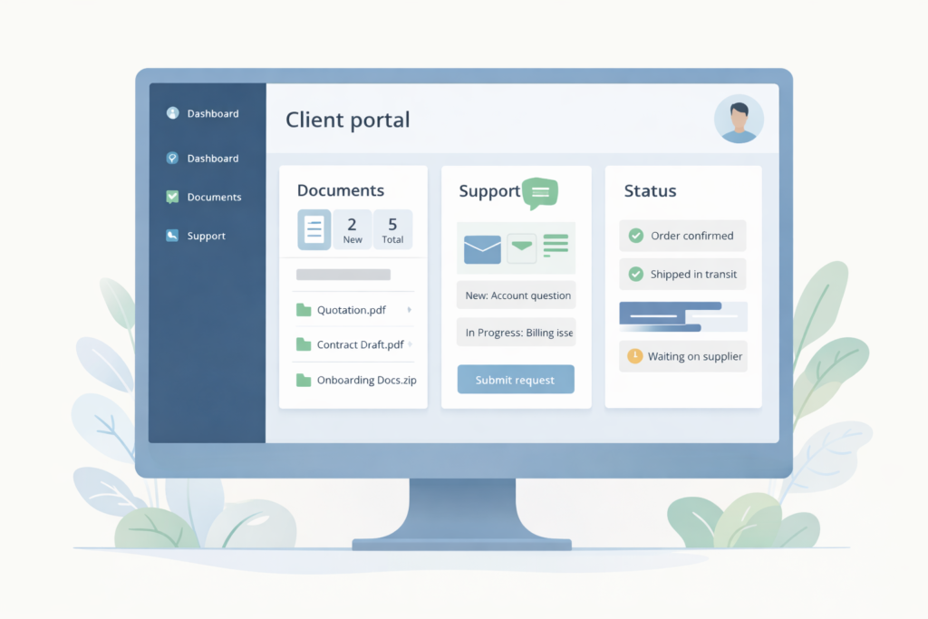 Illustration of client portal features including documents, support, and tracking