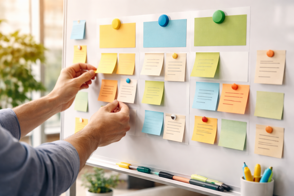 Content pillars for small business planning session on a white board