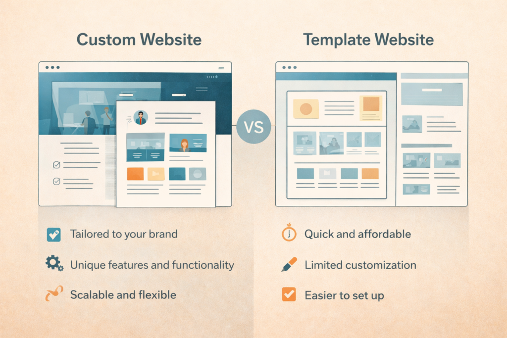 Custom website vs template website growth planning illustration