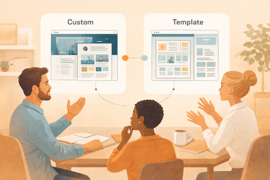 Custom website vs template website planning illustration for a small business
