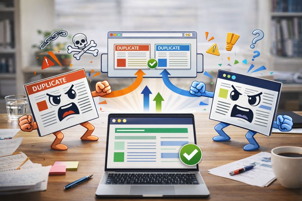 Keyword cannibalisation SEO concept showing overlapping web pages competing with each other