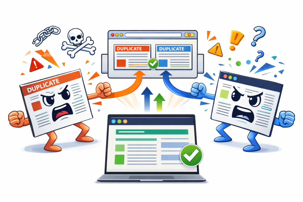 Keyword cannibalisation SEO illustration showing competing pages being consolidated into one stronger page