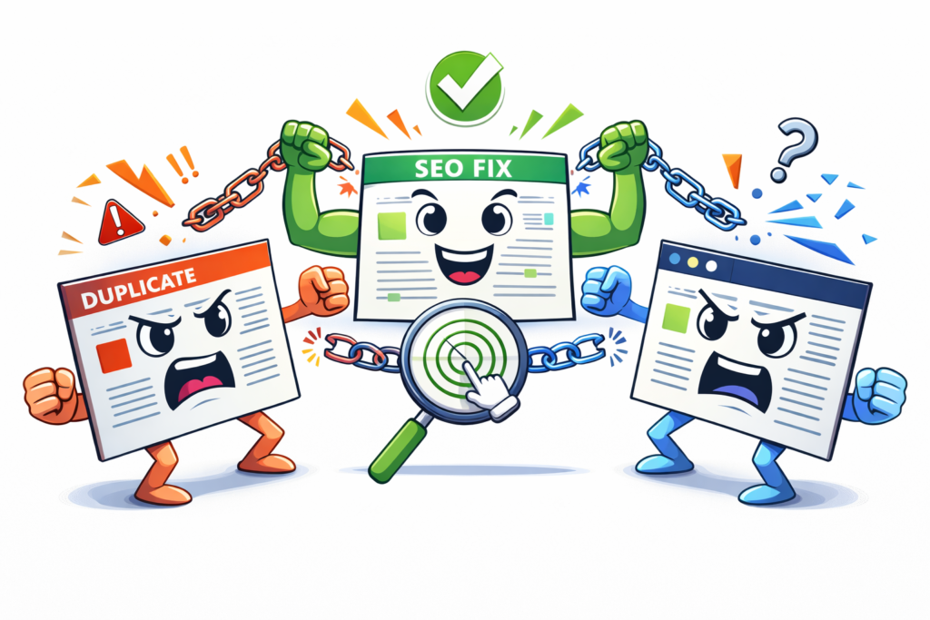 Keyword cannibalisation SEO illustration showing duplicate pages and a clear SEO fix