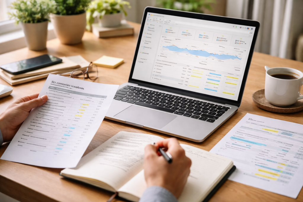 SEO competitor analysis for small businesses on a desk with analytics and keyword planning