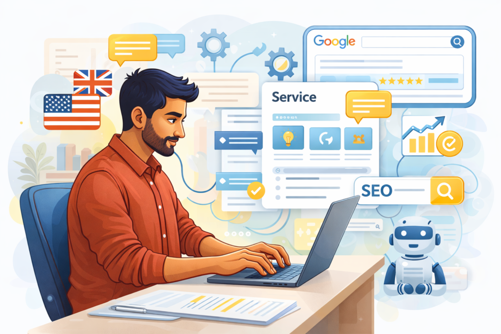SEO copywriting for service businesses shown as a clear page structure shaped by search intent