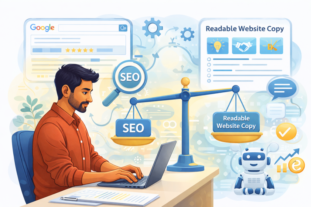 SEO copywriting for service businesses balancing search visibility with natural readable website copy