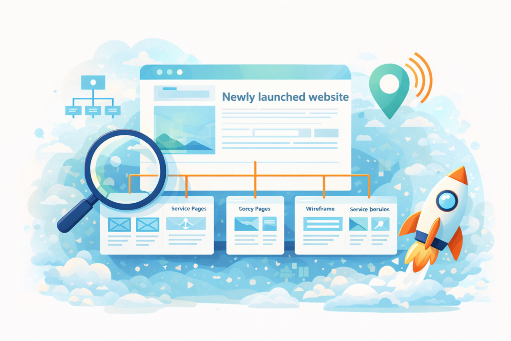 SEO for new websites illustrated as launch structure and discoverability planning