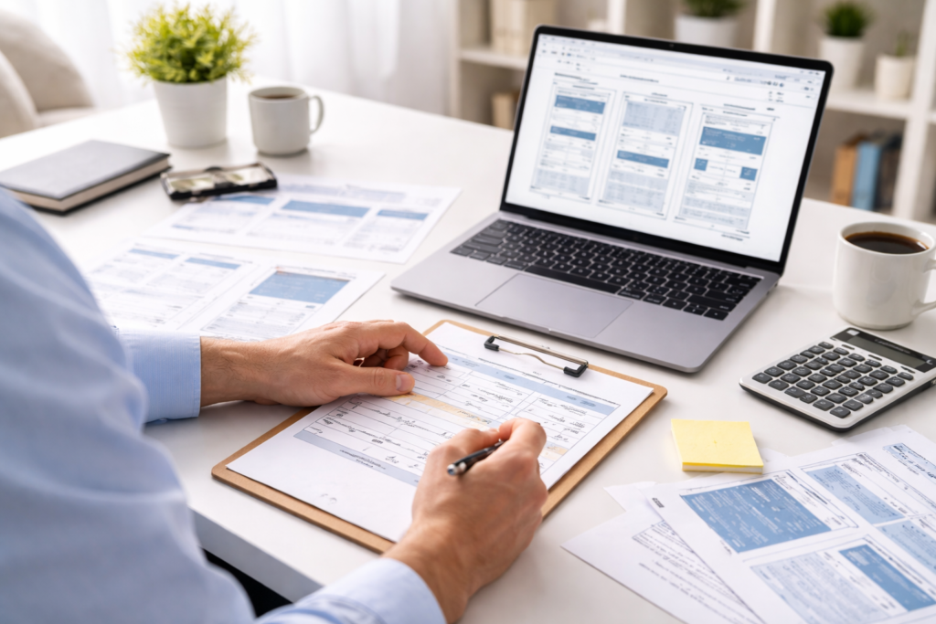 Small business website cost planning with website brief, laptop, and budget notes