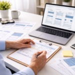 Small business website cost planning with website brief, laptop, and budget notes