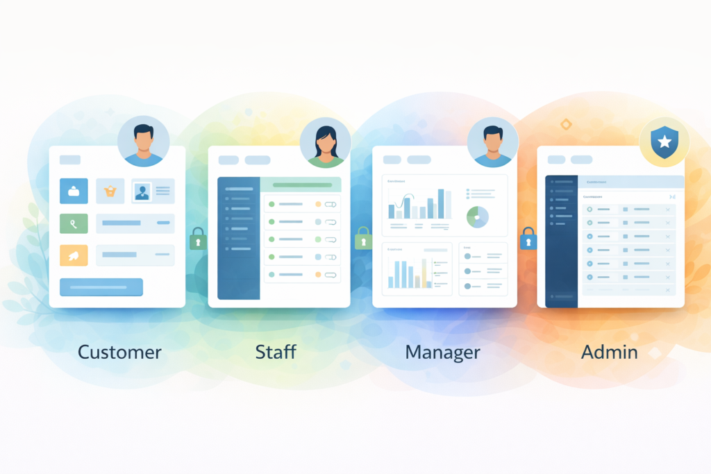 Illustration of user roles in web apps with different access views