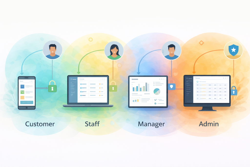 Illustration of user roles in web apps with permissions planning across devices