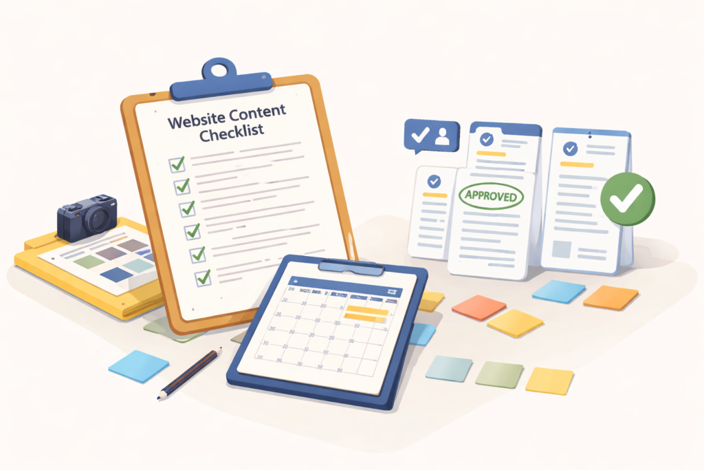 Website content checklist for small business illustration with content planning and approvals