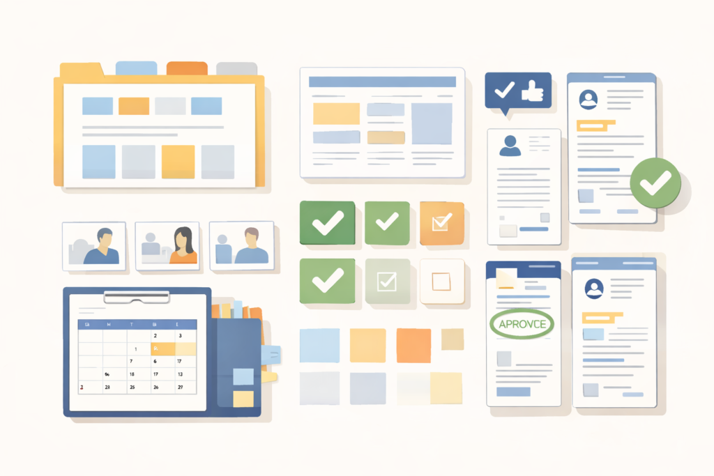Website content checklist for small business illustration showing assets and page planning