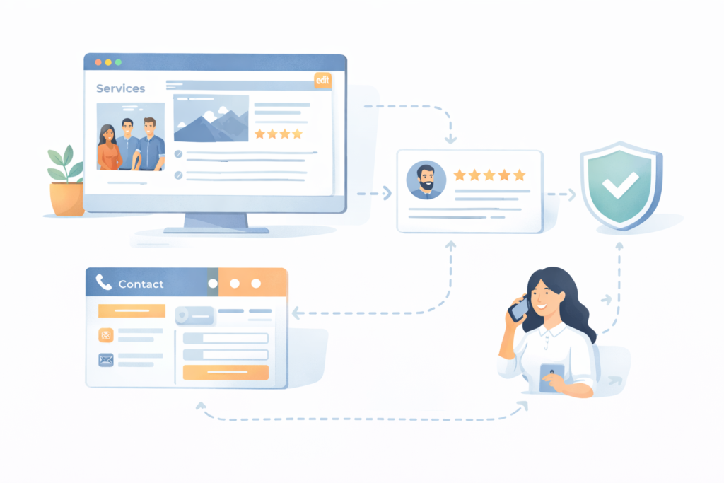 Website content maintenance illustration connecting trust signals and lead generation
